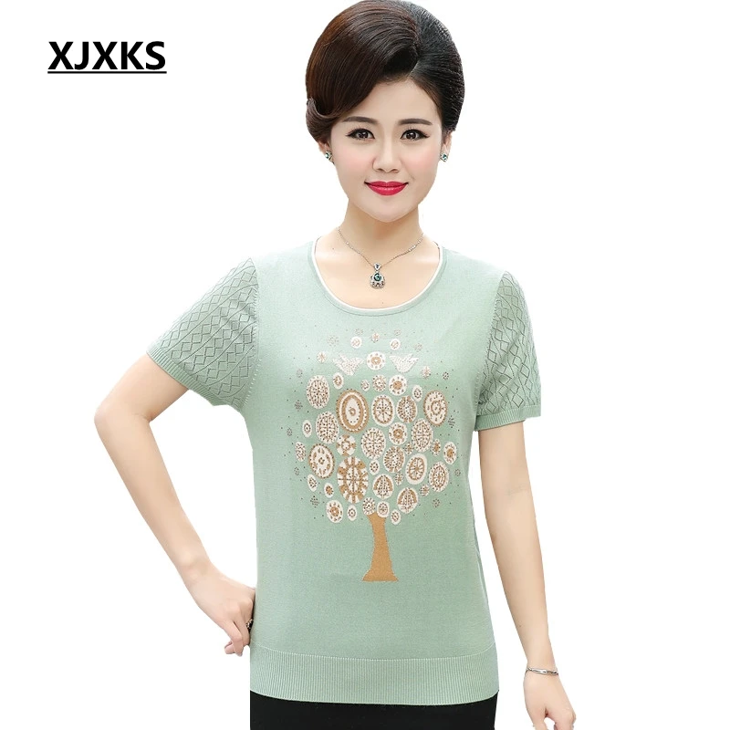 XJXKS 2019 New Summer Vintage Top Middle-aged Plus Size Women T-Shirt Short Sleeve Casual Knitting Printed Women Tops
XJXKS 2019 New Summer Vintage Top Middle-aged Plus Size Women T-Shirt Short Sleeve Casual Knitting Printed Women Tops