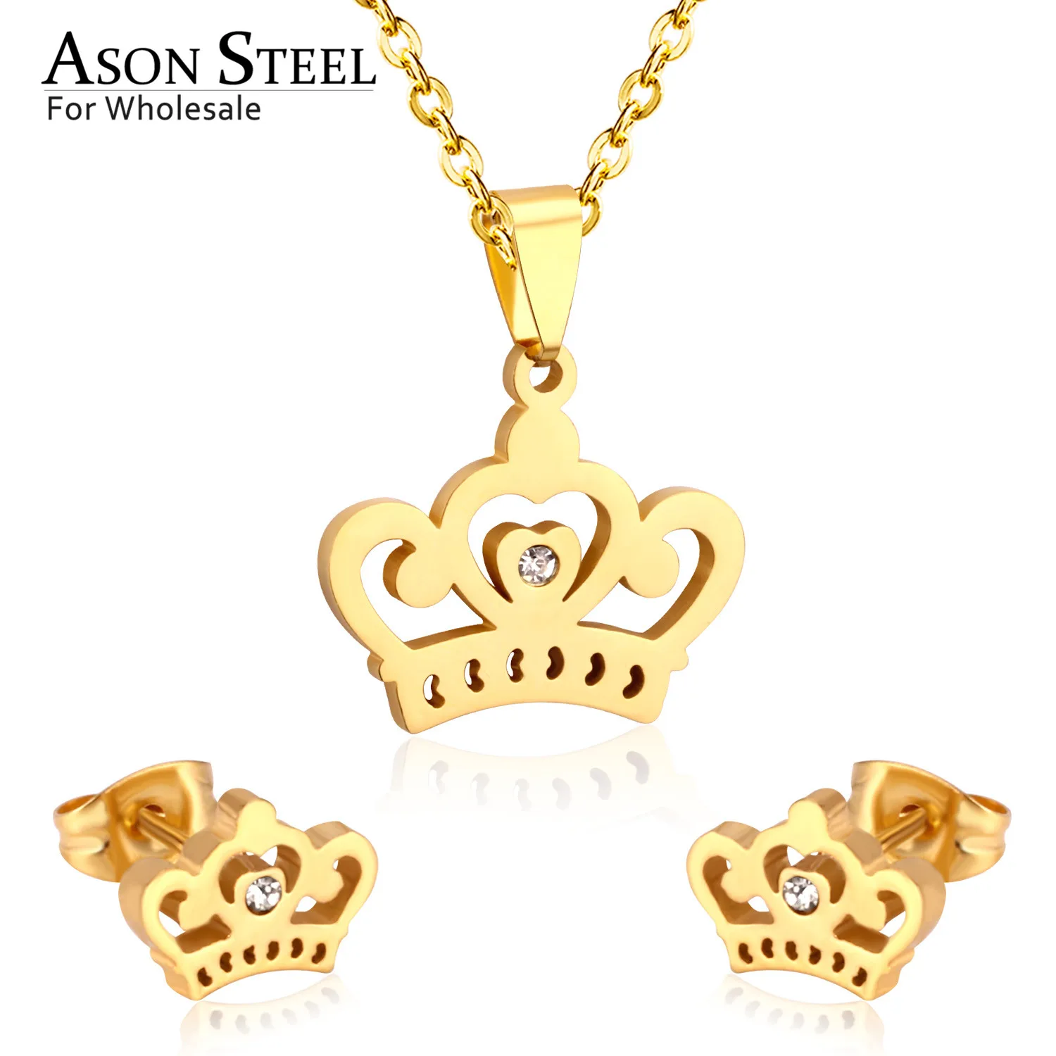 ASONSTEEL Gold Color Top 316L Stainless Steel Jewelry Sets for Women 2019 Crown Pendant Necklace Small Stud Earrings for Femme
ASONSTEEL Gold Color Top 316L Stainless Steel Jewelry Sets for Women 2019 Crown Pendant Necklace Small Stud Earrings for Femme