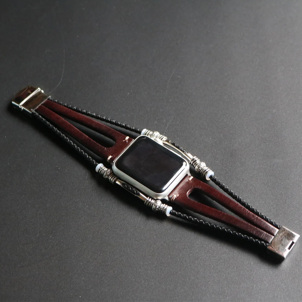 Handmade Apple Watch Band Made Ethnic Vintage Bead With Leather Retro Punk Style Bracelet 44Mm/ 40Mm/ 42Mm/ 38Mm Fits Apple Watch Series 1 2