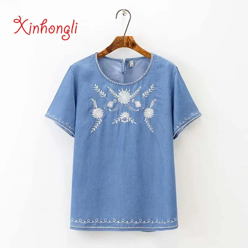 Plus size Embroidery loose women Tshirts 2019 summer casual ladies short sleeve Denim oversized t shirt female tees tops T-shirt
Plus size Embroidery loose women Tshirts 2019 summer casual ladies short sleeve Denim oversized t shirt female tees tops T-shirt
