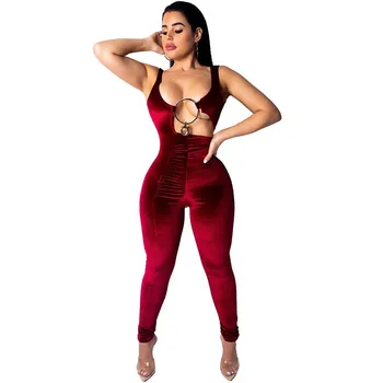 

Sexy Gold Rings Spliced Velvet Jumpsuit Romper 2019 Women Sleeveless Tank Hollow Out Nightclub Female Backless Overalls Catsuit