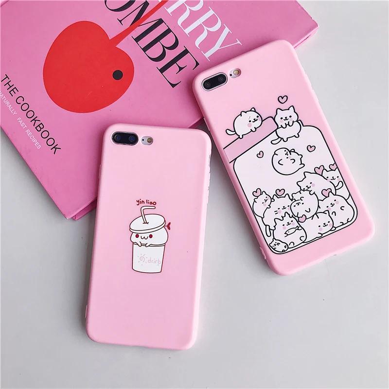 Cat Bottle Cartoon Matte Pink Cute Soft Silicone Cover For Iphone JKP4778