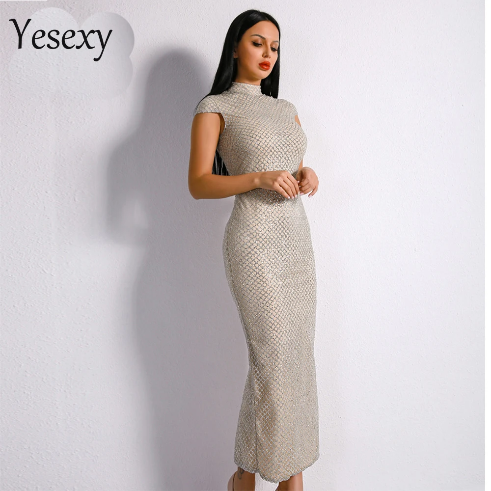 

Yesexy 2019 Sexy High Neck Short Sleeve Glitter Female Dress High Split Elegant Geometry Party Dress VR8937
