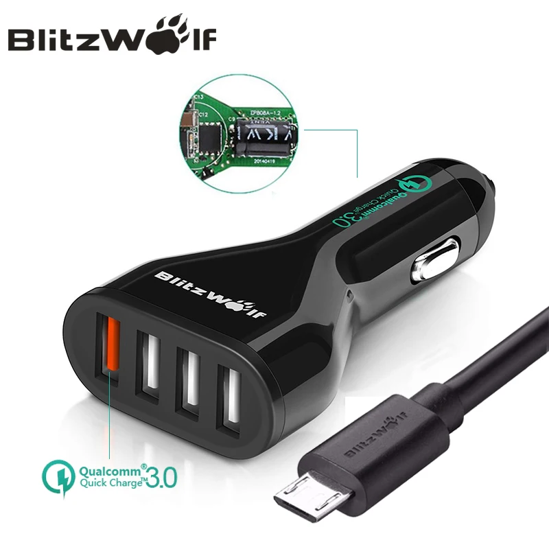 Image BlitzWolf QC3.0 Car Charger Mobile Phone Car Charger 4 Port USB Car Charger Adapter With Cable Universal For iPhone For Samsung