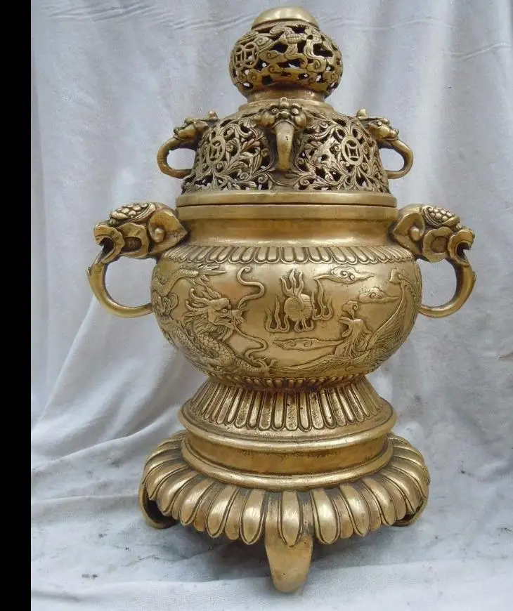 62648<<+++13" China brass carved dragon phoenix Three-legged censer Incense Burner statue
62648<<+++13" China brass carved dragon phoenix Three-legged censer Incense Burner statue