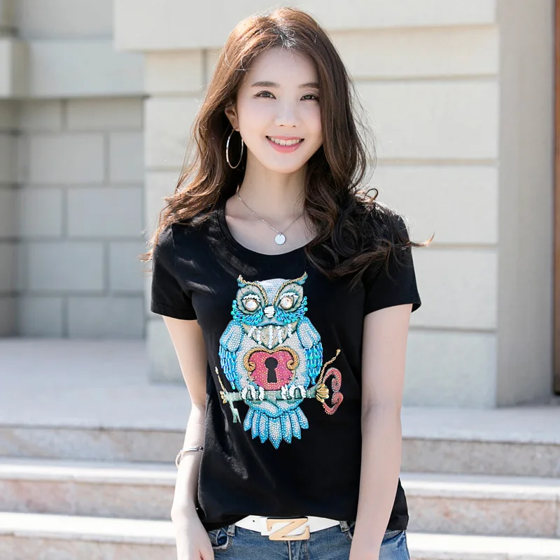 O Neck Slim 3D Animal Handmade Beading Casual T Shirts Summer Ladies Cotton Tees Pailltte T-shirt for woman with Owl Logo 2018
O Neck Slim 3D Animal Handmade Beading Casual T Shirts Summer Ladies Cotton Tees Pailltte T-shirt for woman with Owl Logo 2018