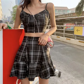 Retro Plaid Suits Women Sleevesless Top and High Waist A-line Skirt 2019 New Fashion Summer Female Two Piece Suits Drop Shipping
Retro Plaid Suits Women Sleevesless Top and High Waist A-line Skirt 2019 New Fashion Summer Female Two Piece Suits Drop Shipping