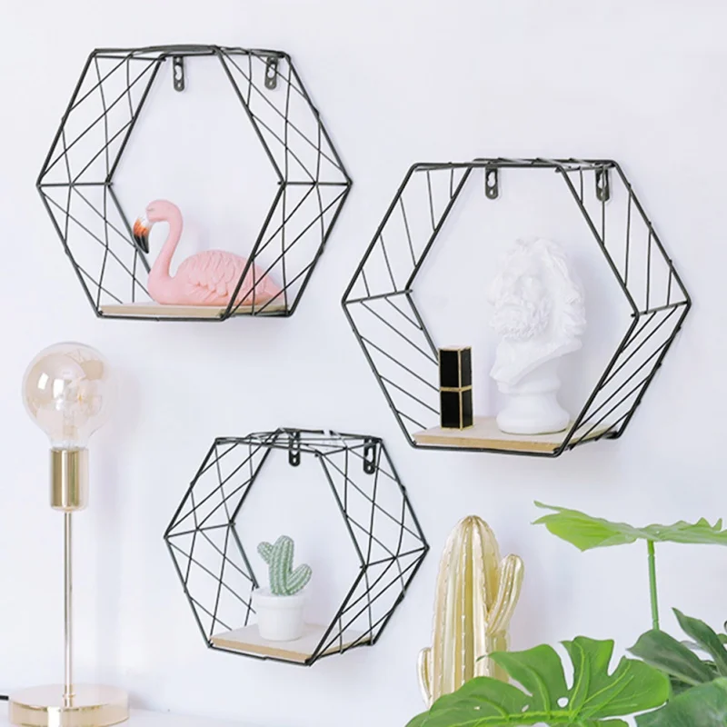 

Nordic Iron Hexagonal Grid Wall Floating Shelf Combination Wall Hanging Geometric Figure Wall Decoration For Living Room Bedroom