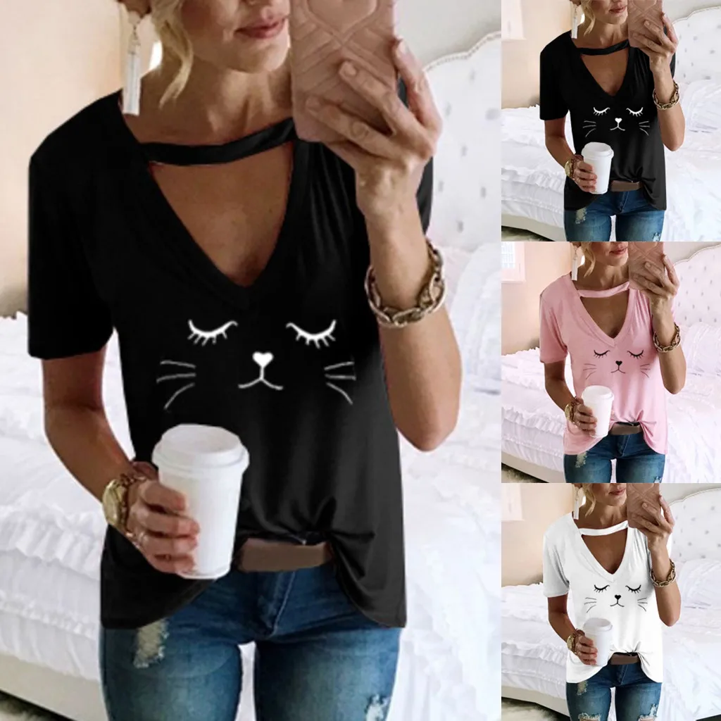 daily cute t shirt Womens Short Sleeve kawaii Cat Print Choker V Neck modis T-shirts Summer streetwear tops camiseta mujer#sw
daily cute t shirt Womens Short Sleeve kawaii Cat Print Choker V Neck modis T-shirts Summer streetwear tops camiseta mujer#sw