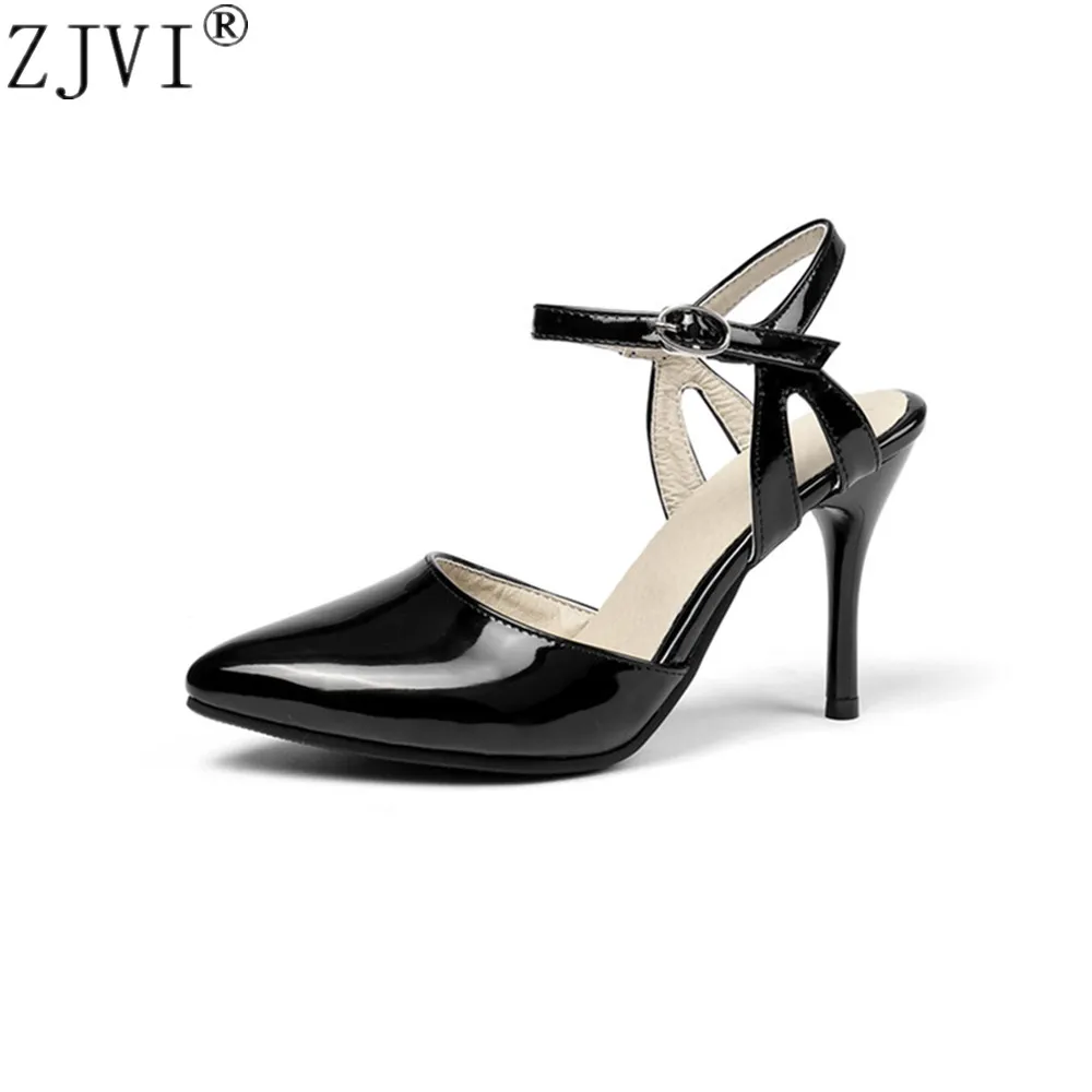 

ZJVI 2019 Women patent sandals Woman 8cm thin high heels summer shoes pointed toe black ankle strap gladiator sandalias mujer