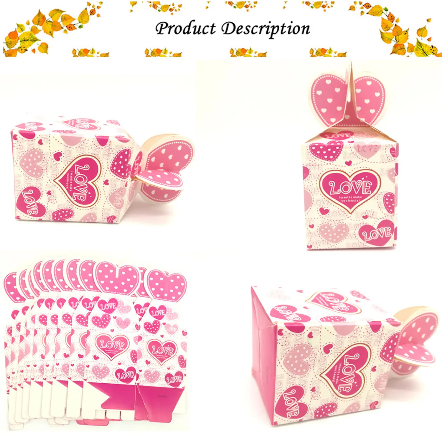 50pcs pink heart love wedding paper gift jewelry candy box