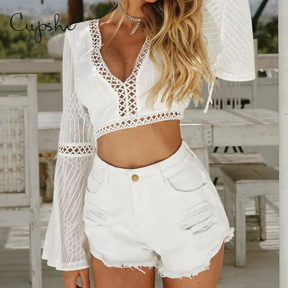 CUPSHE White Crochet Short Blouses Shirt 2019 Summer Beach Sexy Women Slim Bell Sleeve Crop Top Beachwear
CUPSHE White Crochet Short Blouses Shirt 2019 Summer Beach Sexy Women Slim Bell Sleeve Crop Top Beachwear