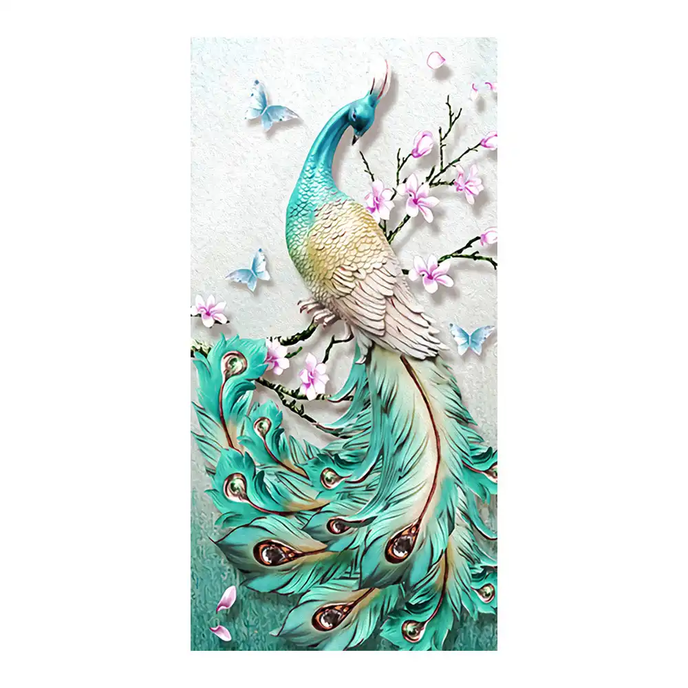 green peacock flower diamond painting animal floral round full