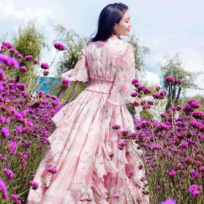 2019 Spring Summer Women Chiffon Dress Three Quarter Sleeve Holiday Ruffle Dress Prairie Chic Flare Sleeve Print Long Dress
2019 Spring Summer Women Chiffon Dress Three Quarter Sleeve Holiday Ruffle Dress Prairie Chic Flare Sleeve Print Long Dress