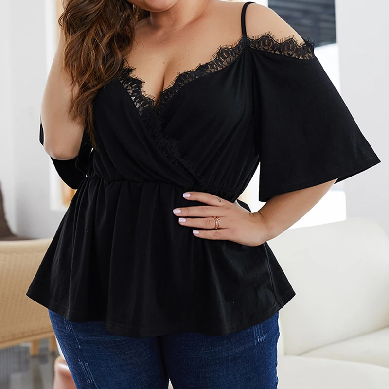 Plus Size Women Blouses Casual Short Sleeve Shirt Summer Off Shoulder Top Solid Elegant V Neck Lace Patchwork Blouse Ladies Tops
Plus Size Women Blouses Casual Short Sleeve Shirt Summer Off Shoulder Top Solid Elegant V Neck Lace Patchwork Blouse Ladies Tops