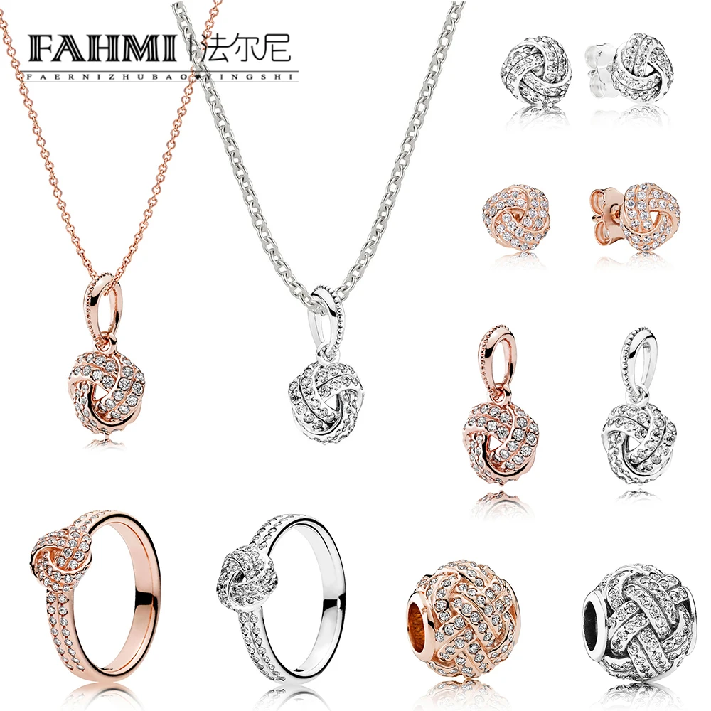 

FAHMI 100% 925 Sterling Silver 1:1 Sparkling Love Knot Collection Ring Stud Earrings Necklace Beaded Charm Rose Gold Jewelry