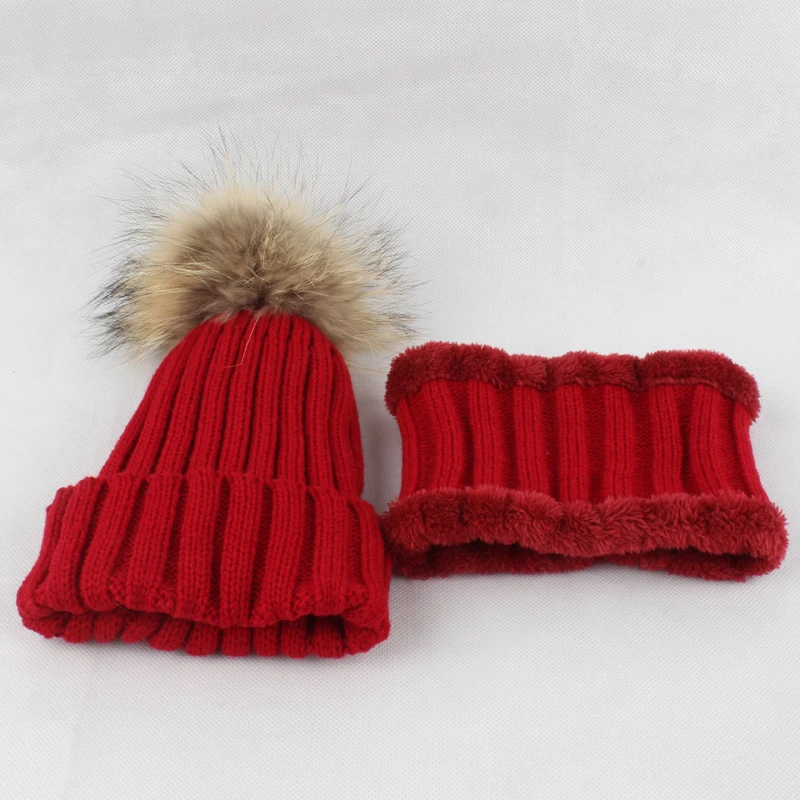 Kids Boys Girls Warm Fleece Liner Beanie Hats With Scarf Winter Fur Hat For Children Baby Pompom Skullies Beanies 39