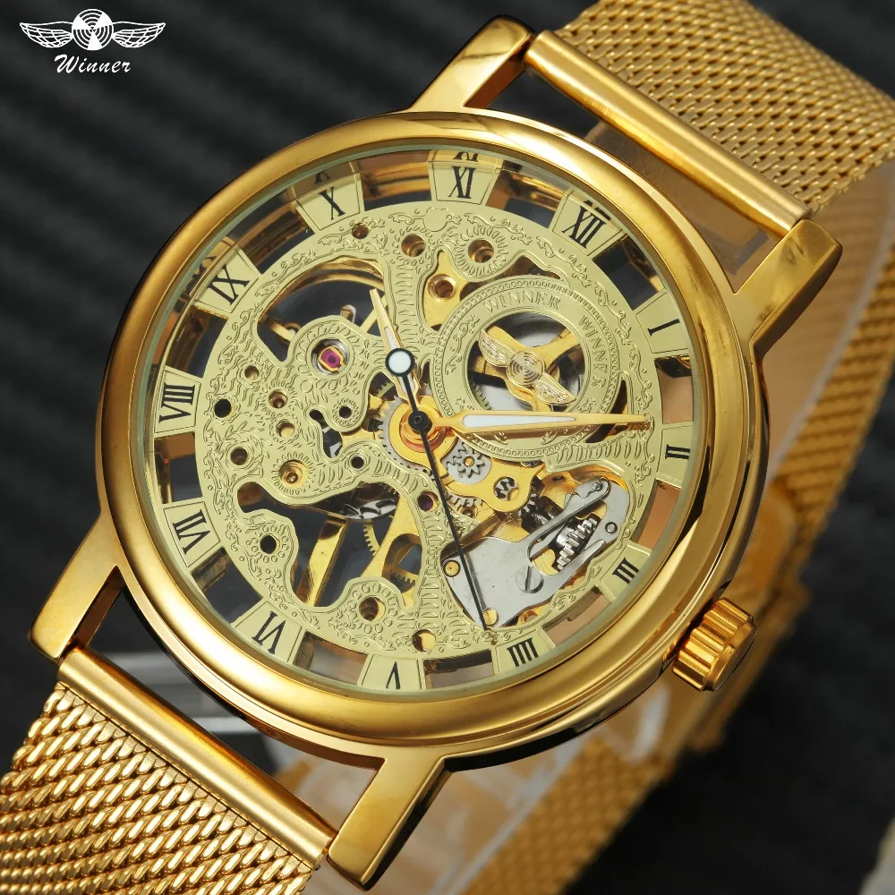 WINNER Golden Watches Men Top Brand Luxury Mechanical Wrist Watches Ultra Thin Mesh Watch Band Skeleton Roman Wristwatches Clock
WINNER Golden Watches Men Top Brand Luxury Mechanical Wrist Watches Ultra Thin Mesh Watch Band Skeleton Roman Wristwatches Clock