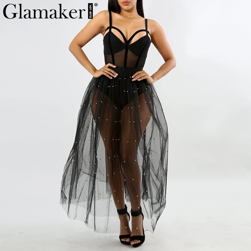 Glamaker Transparent mesh black long skirt spring beading sexy high waist tutu skirt Women pearl party club maxi tulle skirt
Glamaker Transparent mesh black long skirt spring beading sexy high waist tutu skirt Women pearl party club maxi tulle skirt