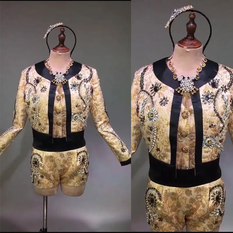 Sparkly AB Rhinestones Outfit longsleeve Gold jacket Short Design Party Sets Dj Female Singer Nightclub Dance Costume | Тематическая