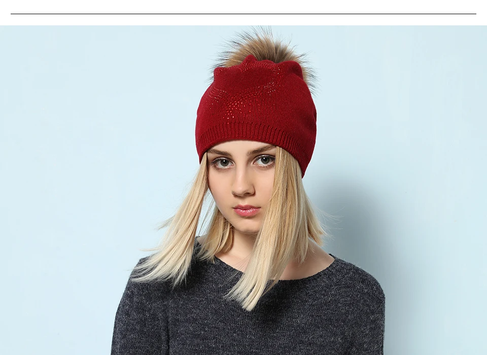 Ralferty 2018 New Real Fur Pompom Hats For Women Heart Pom Pom Beanies Thick Warm Wool Knitted Hat Women's Baggy Caps Bonnet 10