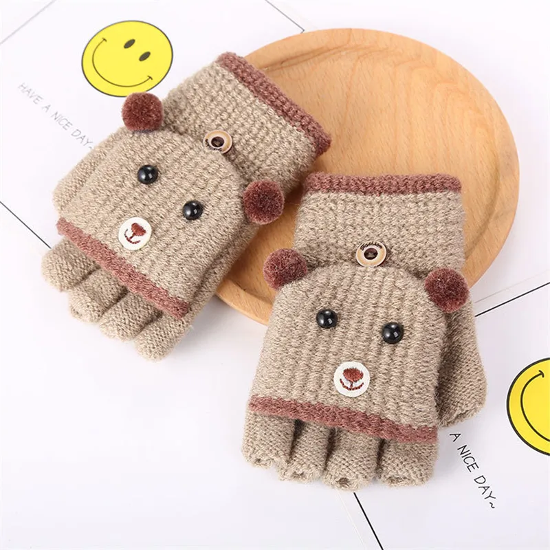 Baby Gloves Kids Mittens Baby Accessories Glove Half Finger Cartoon Bear Patchwork Keep Warm Baby Mittens Knitted Gloves (2)
