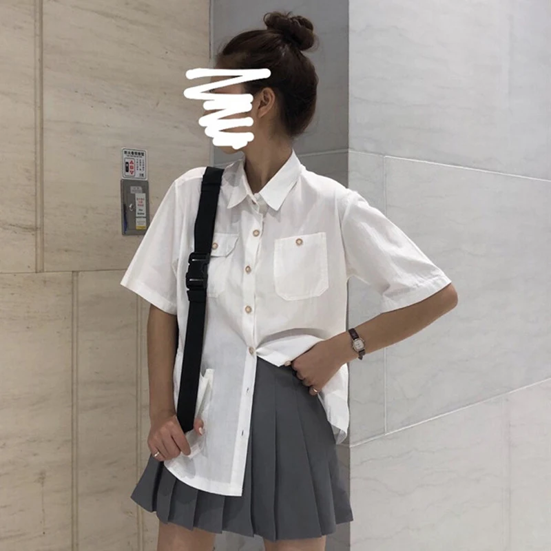 Peter Pan Collar White Blouse Women Streetwear Pockets Solid Korean Fashion Clothing Womens Tops and Blouses with Short Sleeve
Peter Pan Collar White Blouse Women Streetwear Pockets Solid Korean Fashion Clothing Womens Tops and Blouses with Short Sleeve