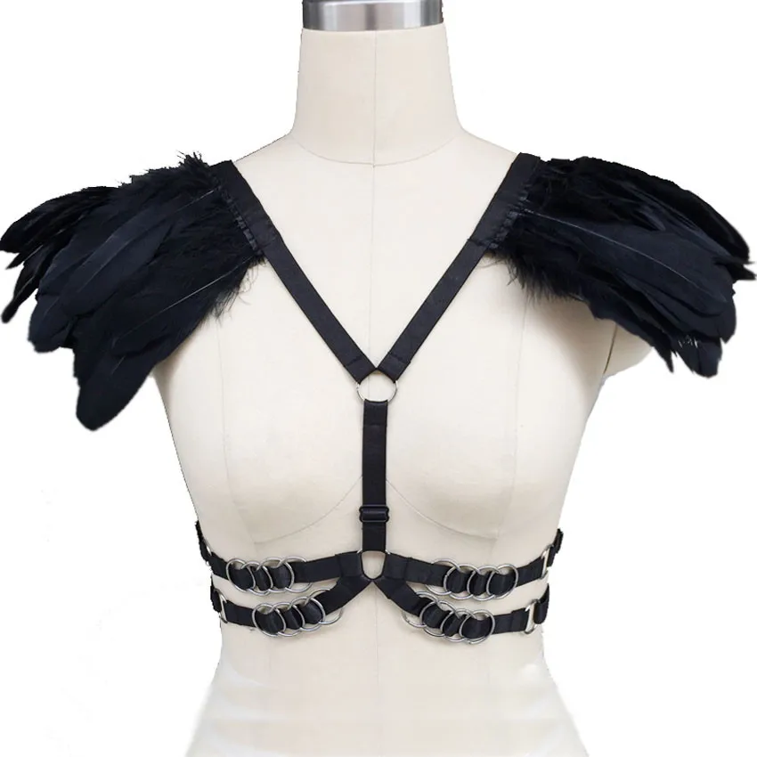 Harajuku Feather wings epaulette pastel goth body harness, black Feather wing body harness cage bra harness with silver hardware
Harajuku Feather wings epaulette pastel goth body harness, black Feather wing body harness cage bra harness with silver hardware