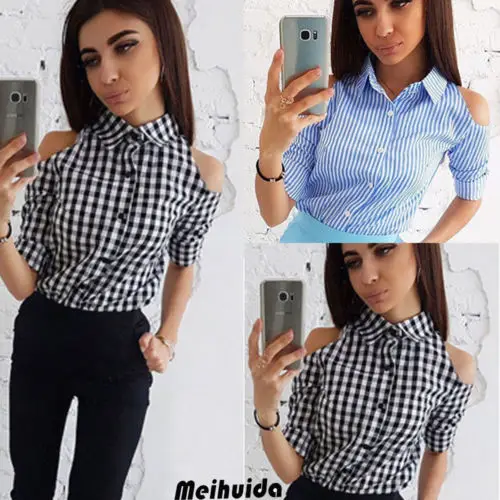 Womens Checkered Plaid Blouse Cold Shoulder Tops Long Sleeve Shirt Slim for Ladies
Womens Checkered Plaid Blouse Cold Shoulder Tops Long Sleeve Shirt Slim for Ladies