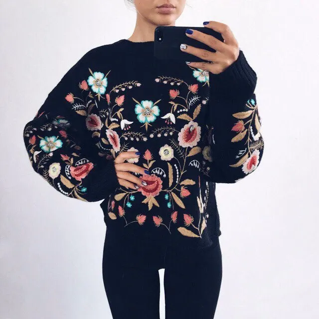 Женский свитер с цветочной вышивкой вязаный для офиса 2018 | Женская одежда