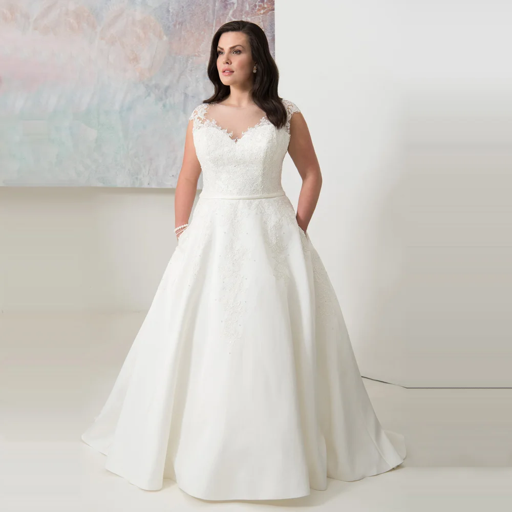 Elegant Scoop Cap Sleeves Plus Size Wedding Dresses with Appliques Custom Made A-line Satin White/Ivory Bridal Gown 2019
Elegant Scoop Cap Sleeves Plus Size Wedding Dresses with Appliques Custom Made A-line Satin White/Ivory Bridal Gown 2019