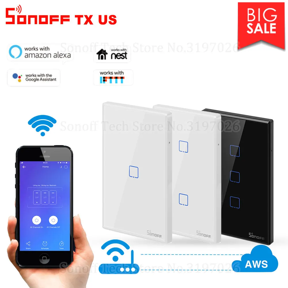 

Itead Sonoff New TX Series US Wall Switch 1/2/3 gang 433Mhz RF Remote Controlled Wifi Touch Switch Works With Alexa Google Home