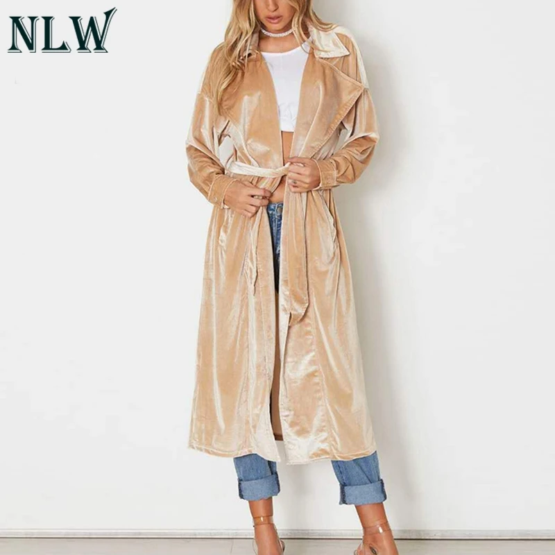 

NLW High Street Elegant Women Coat Autumn Winter 2019 Adjustable Waist Outwears Coat Sexy Cardigan Velour Beige Long Coats