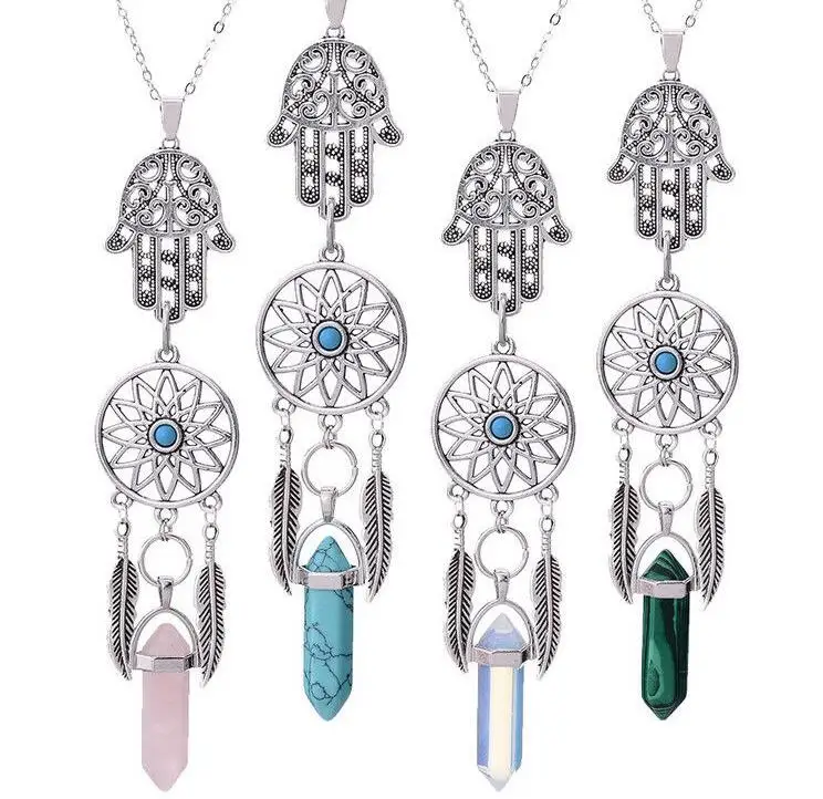 Hexagonal Column Natural Crystal Stone Dreamcatcher Necklace Pendant Vintage Silver Hamsa Hand Necklace Women Party Prom Jewelry
Hexagonal Column Natural Crystal Stone Dreamcatcher Necklace Pendant Vintage Silver Hamsa Hand Necklace Women Party Prom Jewelry