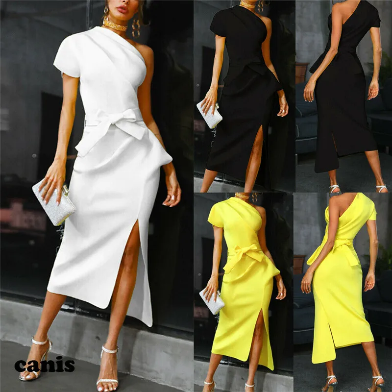 Formal Womens One Shoulder Frill Dress Solid Color Bodycon Ruffled Sundress Bow Waist Belt Side Slit Dresses Lady Mid-Calf Dress
Formal Womens One Shoulder Frill Dress Solid Color Bodycon Ruffled Sundress Bow Waist Belt Side Slit Dresses Lady Mid-Calf Dress