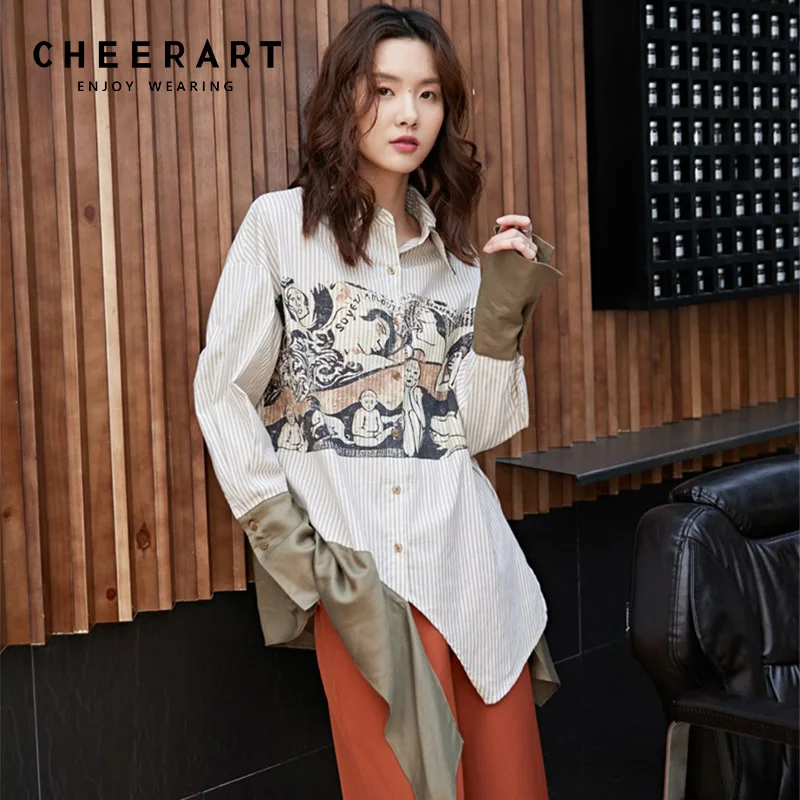 Cheerart Striped Shirt Long Sleeve Asymmetrical Top Women Patchwork Art Print Dark Green Blouse Spring 2019 Clothing
Cheerart Striped Shirt Long Sleeve Asymmetrical Top Women Patchwork Art Print Dark Green Blouse Spring 2019 Clothing