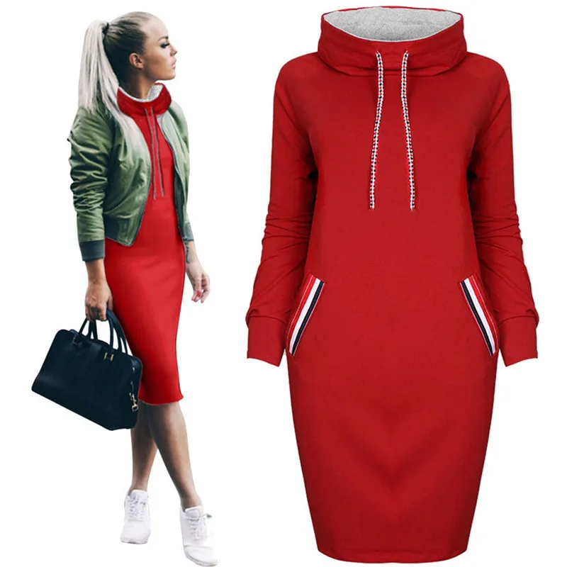 Women-Casual-Winter-autumn-Turtleneck-hoodie-dress-2017-NEW-girl-lady-fashion-Loose-Knee-Length-Solid