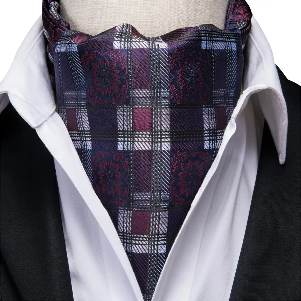 Hi-Tie Men Silk Ascot Black Cravat Checked Asoct Ties Plaid Necktie Pocket Square Cufflink Set Gift for Father/Husband AS-1008 | Аксессуары