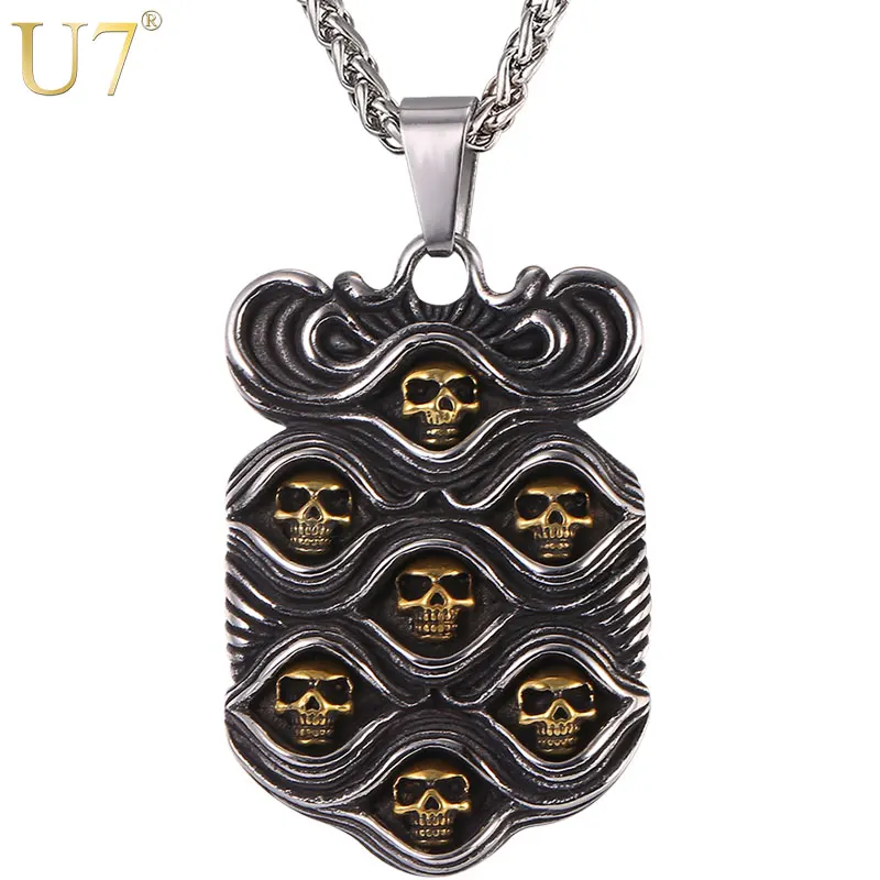 U7 Vintage Stainless Steel 7 Skulls Pendant & Chain Necklace Two Tone Rock Punk Necklaces Men Jewelry P1119
U7 Vintage Stainless Steel 7 Skulls Pendant & Chain Necklace Two Tone Rock Punk Necklaces Men Jewelry P1119