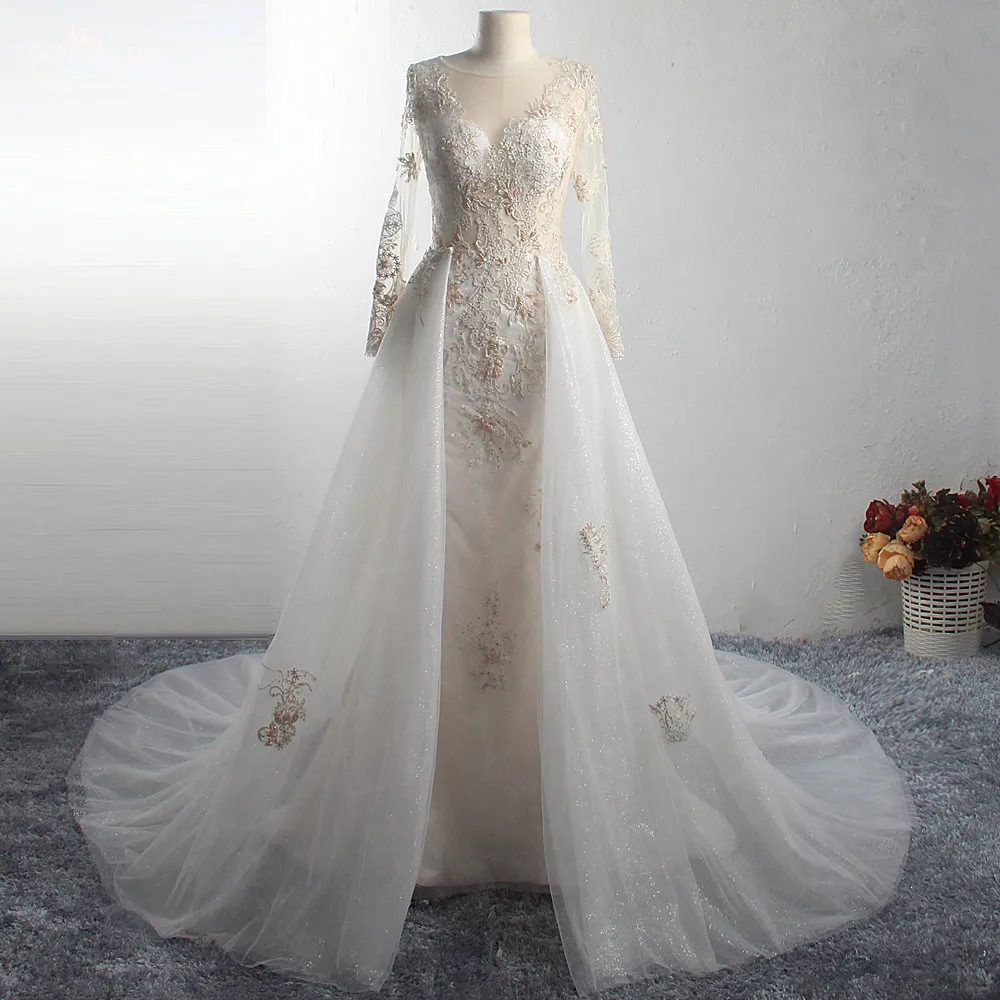 LZ323 Long Sleeve Illusion Back Mermaid Dress Shiny Tulle Detachable Wedding Dress 2 in 1 Unique Applique Bead Bridal Gown
LZ323 Long Sleeve Illusion Back Mermaid Dress Shiny Tulle Detachable Wedding Dress 2 in 1 Unique Applique Bead Bridal Gown