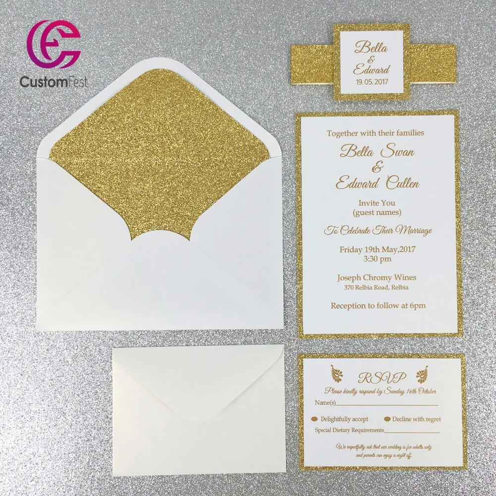 30pcs/lot Gold glitter liner envelop with glitter two layers invitation and RSVP ( including belly band and tag) GDD005V102
30pcs/lot Gold glitter liner envelop with glitter two layers invitation and RSVP ( including belly band and tag) GDD005V102
