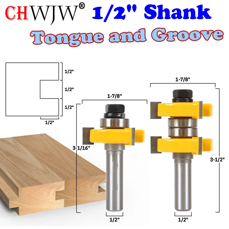 2pc 1/2" Shank high quality Tongue and Groove Joint Assembly Router Bit Set 1-1/2" Stock Wood Cutting Tool - Chwjw | Инструменты