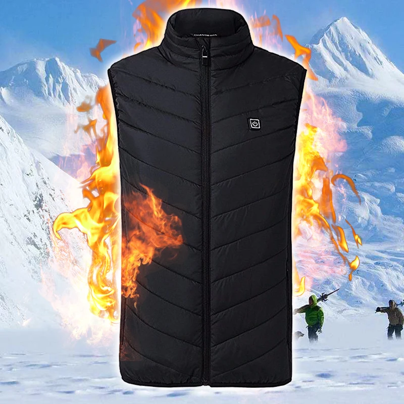Black USB Heated Men Women Vest Jacket with Ice Winter Mountain and Fire Background