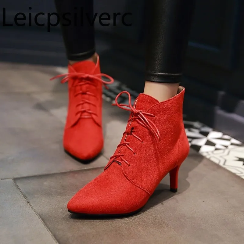 Women's Boots winter The New fashion Flock Pointed Lace-up Fine heel High heel Women's shoes plus size 32-43
Women's Boots winter The New fashion Flock Pointed Lace-up Fine heel High heel Women's shoes plus size 32-43