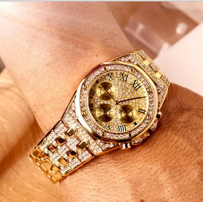 Мужские часы Топ бренд класса люкс Iced Out золотые бриллиантовые для мужчин