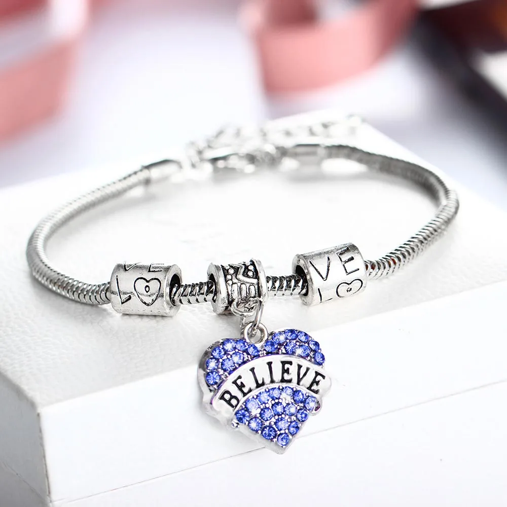 12 Pc/Lot Blue Rhinestone Heart Pendant Bracelet Jewelry Inspirational Letter Believe Charm Friends Graduates Kids Gift | Украшения и