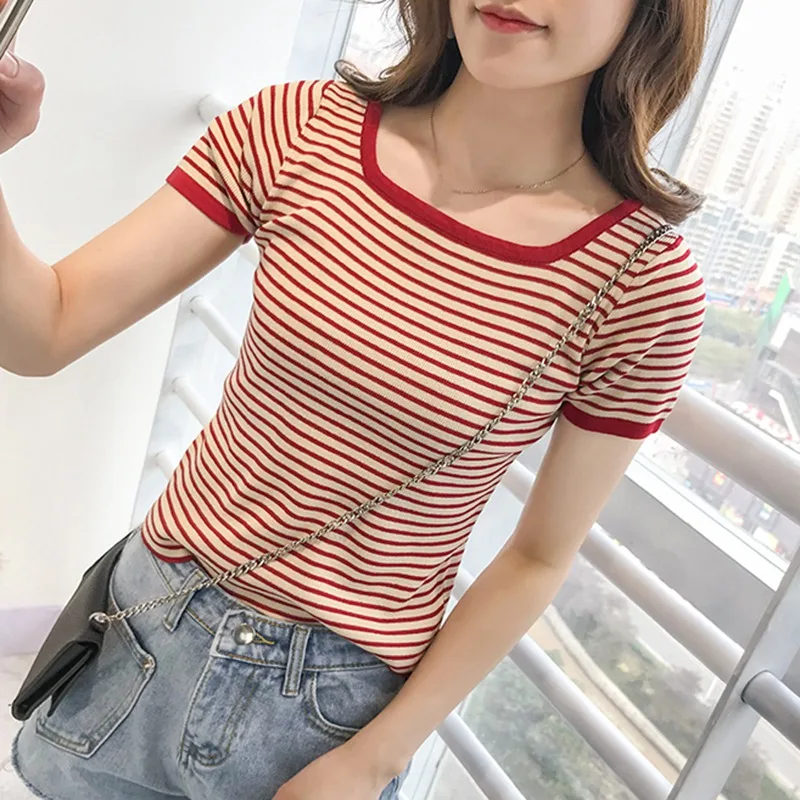 Women Tshirt 2019 Summer Casual Square Collar T Shirt Fashion Striped Short Sleeve Loose Knitted T-Shirt Women's Clothing
Women Tshirt 2019 Summer Casual Square Collar T Shirt Fashion Striped Short Sleeve Loose Knitted T-Shirt Women's Clothing