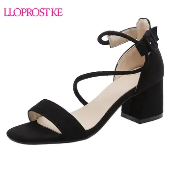 

Lloprost ke black beige pink fashion summer shoes woman peep toe buckle casual women high heels shoes flock sandals H373