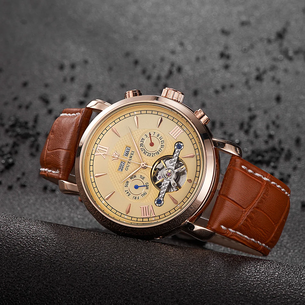 OUYAWEI Men's Mechanical Wrist Watch Luxury Rose Gold Male Clock Casual Leather Band Multifunctional Auto Date Wristwatch | Наручные