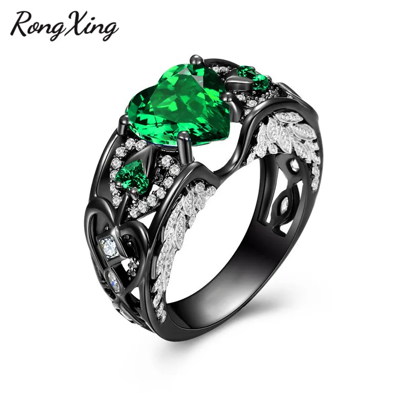 

RongXing Retro May Birthstone Green Heart Rings For Women Men Black Gold Filled Zircon Angel Wing Finger Ring Mother Gift RB1424